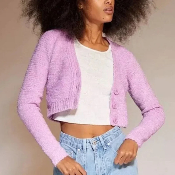 Urban Outfitters Dina Plush Soft Knit Cardigan Violet Purple Sz Medium - Picture 1 of 9